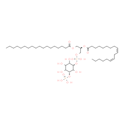 ChemSpider 2D Image | (2R)-1-[(Hydroxy{[(1S,5R)-2,3,4,6-tetrahydroxy-5-(phosphonooxy)cyclohexyl]oxy}phosphoryl)oxy]-3-(stearoyloxy)-2-propanyl (9Z,12Z)-9,12-octadecadienoate | C45H84O16P2
