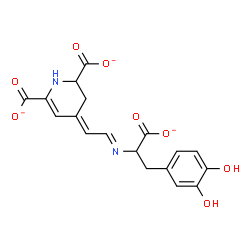 ChemSpider 2D Image | (4E)-4-[(2E)-2-{[1-Carboxylato-2-(3,4-dihydroxyphenyl)ethyl]imino}ethylidene]-1,2,3,4-tetrahydro-2,6-pyridinedicarboxylate | C18H15N2O8
