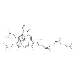 ChemSpider 2D Image | {3,3'-[8-(1-Hydroxy-5,9,13-trimethyl-4,8,12-tetradecatrien-1-yl)-3,7,12,17-tetramethyl-13-vinyl-2,18-porphyrindiyl-kappa~4~N~21~,N~22~,N~23~,N~24~]dipropanoato(2-)}iron | C49H58FeN4O5
