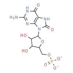 ChemSpider 2D Image | 2-Amino-9-(5-O-phosphonatopentofuranosyl)-7,9-dihydro-1H-purine-6,8-dione | C10H12N5O9P