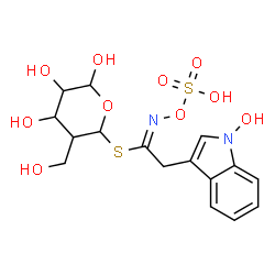 ChemSpider 2D Image | 4,5,6-Trihydroxy-3-(hydroxymethyl)tetrahydro-2H-pyran-2-yl (1E)-2-(1-hydroxy-1H-indol-3-yl)-N-(sulfooxy)ethanimidothioate | C16H20N2O10S2