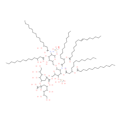 ChemSpider 2D Image | 3-Deoxy-6-(1,2-dihydroxyethyl)hex-2-ulopyranonosyl-(2->4)-3-deoxy-6-(1,2-dihydroxyethyl)hex-2-ulopyranonosyl-(2->6)-2-deoxy-2-({3-[(9E)-9-hexadecenoyloxy]tetradecanoyl}amino)-4-O-phosphono-3-O-[3-(tet
radecanoyloxy)tetradecanoyl]hexopyranosyl-(1->6)-2-deoxy-3-O-(3-hydroxytetradecanoyl)-2-[(3-hydroxytetradecanoyl)amino]-1-O-phosphonohexopyranose | C114H208N2O39P2