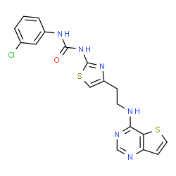 ChemSpider 2D Image | 1-(3-Chlorophenyl)-3-{4-[2-(thieno[3,2-d]pyrimidin-4-ylamino)ethyl]-1,3-thiazol-2-yl}urea | C18H15ClN6OS2