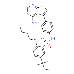 ChemSpider 2D Image | N-[4-(4-Aminothieno[2,3-d]pyrimidin-5-yl)phenyl]-2-butoxy-5-(2-methyl-2-butanyl)benzenesulfonamide | C27H32N4O3S2