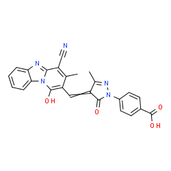 ChemSpider 2D Image | 4-{4-[(4-Cyano-1-hydroxy-3-methylpyrido[1,2-a]benzimidazol-2-yl)methylene]-3-methyl-5-oxo-4,5-dihydro-1H-pyrazol-1-yl}benzoic acid | C25H17N5O4