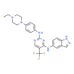 ChemSpider 2D Image | N~2~-[4-(4-Ethyl-1-piperazinyl)phenyl]-N~4~-(1H-indazol-5-yl)-5-(trifluoromethyl)-2,4-pyrimidinediamine | C24H25F3N8