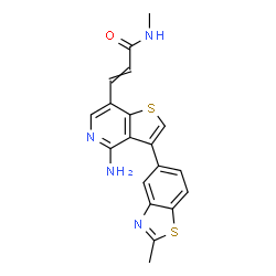 ChemSpider 2D Image | 3-[4-Amino-3-(2-methyl-1,3-benzothiazol-5-yl)thieno[3,2-c]pyridin-7-yl]-N-methylacrylamide | C19H16N4OS2