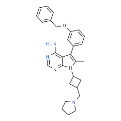 ChemSpider 2D Image | 5-[3-(Benzyloxy)phenyl]-6-methyl-7-[3-(1-pyrrolidinylmethyl)cyclobutyl]-7H-pyrrolo[2,3-d]pyrimidin-4-amine | C29H33N5O