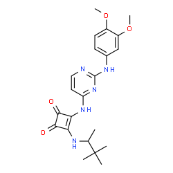 ChemSpider 2D Image | 3-({2-[(3,4-Dimethoxyphenyl)amino]-4-pyrimidinyl}amino)-4-[(3,3-dimethyl-2-butanyl)amino]-3-cyclobutene-1,2-dione | C22H27N5O4