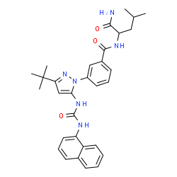 ChemSpider 2D Image | N~2~-(3-{3-(2-Methyl-2-propanyl)-5-[(1-naphthylcarbamoyl)amino]-1H-pyrazol-1-yl}benzoyl)leucinamide | C31H36N6O3