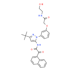 ChemSpider 2D Image | N-[1-(3-{2-[(2-Hydroxyethyl)amino]-2-oxoethoxy}phenyl)-3-(2-methyl-2-propanyl)-1H-pyrazol-5-yl]-2-(1-naphthyl)-2-oxoacetamide | C29H30N4O5