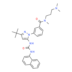 ChemSpider 2D Image | N-[3-(Dimethylamino)propyl]-N-methyl-3-{3-(2-methyl-2-propanyl)-5-[(1-naphthylcarbamoyl)amino]-1H-pyrazol-1-yl}benzamide | C31H38N6O2