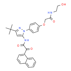 ChemSpider 2D Image | N-[1-(4-{2-[(2-Hydroxyethyl)amino]-2-oxoethoxy}phenyl)-3-(2-methyl-2-propanyl)-1H-pyrazol-5-yl]-2-(1-naphthyl)-2-oxoacetamide | C29H30N4O5