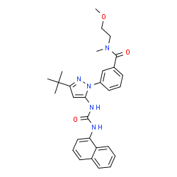 ChemSpider 2D Image | N-(2-Methoxyethyl)-N-methyl-3-{3-(2-methyl-2-propanyl)-5-[(1-naphthylcarbamoyl)amino]-1H-pyrazol-1-yl}benzamide | C29H33N5O3