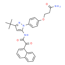 ChemSpider 2D Image | 3-{4-[3-(2-Methyl-2-propanyl)-5-{[1-naphthyl(oxo)acetyl]amino}-1H-pyrazol-1-yl]phenoxy}propanamide | C28H28N4O4