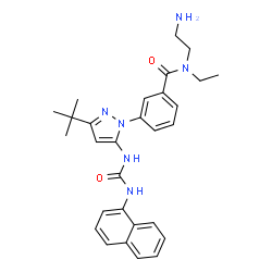ChemSpider 2D Image | N-(2-Aminoethyl)-N-ethyl-3-{3-(2-methyl-2-propanyl)-5-[(1-naphthylcarbamoyl)amino]-1H-pyrazol-1-yl}benzamide | C29H34N6O2
