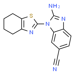 ChemSpider 2D Image | 2-Amino-1-(4,5,6,7-tetrahydro-1,3-benzothiazol-2-yl)-1H-benzimidazole-6-carbonitrile | C15H13N5S