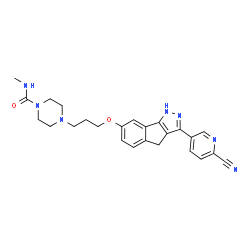ChemSpider 2D Image | 4-(3-{[3-(6-Cyano-3-pyridinyl)-1,4-dihydroindeno[1,2-c]pyrazol-7-yl]oxy}propyl)-N-methyl-1-piperazinecarboxamide | C25H27N7O2
