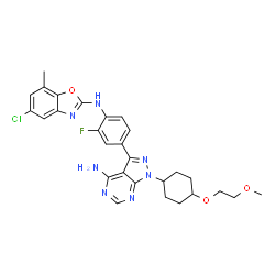 ChemSpider 2D Image | 3-{4-[(5-Chloro-7-methyl-1,3-benzoxazol-2-yl)amino]-3-fluorophenyl}-1-[4-(2-methoxyethoxy)cyclohexyl]-1H-pyrazolo[3,4-d]pyrimidin-4-amine | C28H29ClFN7O3