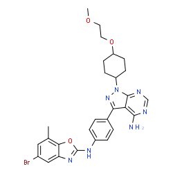 ChemSpider 2D Image | 3-{4-[(5-Bromo-7-methyl-1,3-benzoxazol-2-yl)amino]phenyl}-1-[4-(2-methoxyethoxy)cyclohexyl]-1H-pyrazolo[3,4-d]pyrimidin-4-amine | C28H30BrN7O3