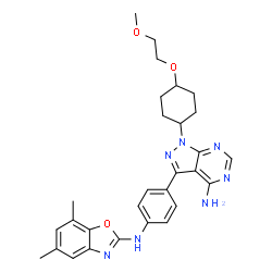 ChemSpider 2D Image | 3-{4-[(5,7-Dimethyl-1,3-benzoxazol-2-yl)amino]phenyl}-1-[4-(2-methoxyethoxy)cyclohexyl]-1H-pyrazolo[3,4-d]pyrimidin-4-amine | C29H33N7O3