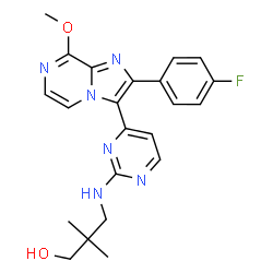 ChemSpider 2D Image | 3-({4-[2-(4-Fluorophenyl)-8-methoxyimidazo[1,2-a]pyrazin-3-yl]-2-pyrimidinyl}amino)-2,2-dimethyl-1-propanol | C22H23FN6O2