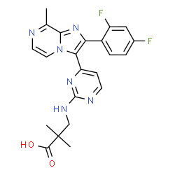ChemSpider 2D Image | 3-({4-[2-(2,4-Difluorophenyl)-8-methylimidazo[1,2-a]pyrazin-3-yl]-2-pyrimidinyl}amino)-2,2-dimethylpropanoic acid | C22H20F2N6O2