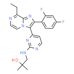 ChemSpider 2D Image | 1-({4-[2-(2,4-Difluorophenyl)-8-ethylimidazo[1,2-a]pyrazin-3-yl]-2-pyrimidinyl}amino)-2-methyl-2-propanol | C22H22F2N6O