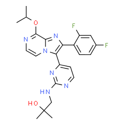 ChemSpider 2D Image | 1-({4-[2-(2,4-Difluorophenyl)-8-isopropoxyimidazo[1,2-a]pyrazin-3-yl]-2-pyrimidinyl}amino)-2-methyl-2-propanol | C23H24F2N6O2