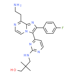 ChemSpider 2D Image | 3-({4-[8-(2-Aminoethyl)-2-(4-fluorophenyl)imidazo[1,2-a]pyrazin-3-yl]-2-pyrimidinyl}amino)-2,2-dimethyl-1-propanol | C23H26FN7O