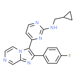 ChemSpider 2D Image | N-(Cyclopropylmethyl)-4-[2-(4-fluorophenyl)imidazo[1,2-a]pyrazin-3-yl]-2-pyrimidinamine | C20H17FN6