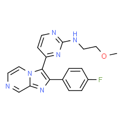 ChemSpider 2D Image | 4-[2-(4-Fluorophenyl)imidazo[1,2-a]pyrazin-3-yl]-N-(2-methoxyethyl)-2-pyrimidinamine | C19H17FN6O
