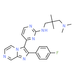 ChemSpider 2D Image | N'-{4-[2-(4-Fluorophenyl)imidazo[1,2-a]pyrazin-3-yl]-2-pyrimidinyl}-N,N,2,2-tetramethyl-1,3-propanediamine | C23H26FN7