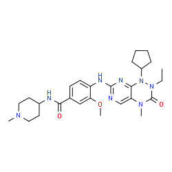 ChemSpider 2D Image | 4-[(1-Cyclopentyl-2-ethyl-4-methyl-3-oxo-1,2,3,4-tetrahydropyrimido[5,4-e][1,2,4]triazin-7-yl)amino]-3-methoxy-N-(1-methyl-4-piperidinyl)benzamide | C27H38N8O3