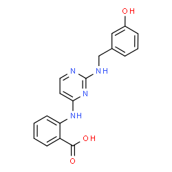 ChemSpider 2D Image | 2-({2-[(3-Hydroxybenzyl)amino]-4-pyrimidinyl}amino)benzoic acid | C18H16N4O3