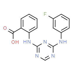 ChemSpider 2D Image | 2-({4-[(3-Fluorophenyl)amino]-1,3,5-triazin-2-yl}amino)benzoic acid | C16H12FN5O2