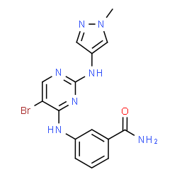 ChemSpider 2D Image | 3-({5-Bromo-2-[(1-methyl-1H-pyrazol-4-yl)amino]-4-pyrimidinyl}amino)benzamide | C15H14BrN7O