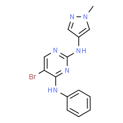 ChemSpider 2D Image | 5-Bromo-N~2~-(1-methyl-1H-pyrazol-4-yl)-N~4~-phenyl-2,4-pyrimidinediamine | C14H13BrN6