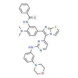 ChemSpider 2D Image | N-{2-(Dimethylamino)-5-[5-(2-{[3-(4-morpholinyl)phenyl]amino}-4-pyrimidinyl)imidazo[2,1-b][1,3]thiazol-6-yl]phenyl}benzamide | C34H32N8O2S