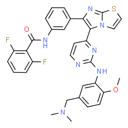 ChemSpider 2D Image | N-(3-{5-[2-({5-[(Dimethylamino)methyl]-2-methoxyphenyl}amino)-4-pyrimidinyl]imidazo[2,1-b][1,3]thiazol-6-yl}phenyl)-2,6-difluorobenzamide | C32H27F2N7O2S