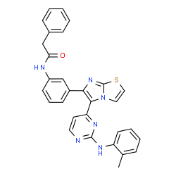 ChemSpider 2D Image | N-[3-(5-{2-[(2-Methylphenyl)amino]-4-pyrimidinyl}imidazo[2,1-b][1,3]thiazol-6-yl)phenyl]-2-phenylacetamide | C30H24N6OS