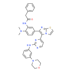 ChemSpider 2D Image | N-{2-(Dimethylamino)-5-[5-(2-{[3-(4-morpholinyl)phenyl]amino}-4-pyrimidinyl)imidazo[2,1-b][1,3]thiazol-6-yl]phenyl}-2-phenylacetamide | C35H34N8O2S