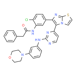 ChemSpider 2D Image | N-{2-Chloro-5-[5-(2-{[3-(4-morpholinyl)phenyl]amino}-4-pyrimidinyl)imidazo[2,1-b][1,3]thiazol-6-yl]phenyl}-2-phenylacetamide | C33H28ClN7O2S