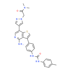 ChemSpider 2D Image | 2-{4-[4-Amino-3-(4-{[(4-methylphenyl)carbamoyl]amino}phenyl)thieno[3,2-c]pyridin-7-yl]-1H-pyrazol-1-yl}-N,N-dimethylacetamide | C28H27N7O2S