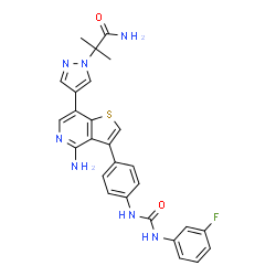ChemSpider 2D Image | 2-{4-[4-Amino-3-(4-{[(3-fluorophenyl)carbamoyl]amino}phenyl)thieno[3,2-c]pyridin-7-yl]-1H-pyrazol-1-yl}-2-methylpropanamide | C27H24FN7O2S