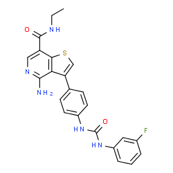 ChemSpider 2D Image | 4-Amino-N-ethyl-3-(4-{[(3-fluorophenyl)carbamoyl]amino}phenyl)thieno[3,2-c]pyridine-7-carboxamide | C23H20FN5O2S