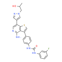 ChemSpider 2D Image | 1-(4-{4-Amino-7-[1-(2-hydroxypropyl)-1H-pyrazol-4-yl]thieno[3,2-c]pyridin-3-yl}phenyl)-3-(3-fluorophenyl)urea | C26H23FN6O2S