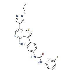 ChemSpider 2D Image | 1-{4-[4-Amino-7-(1-propyl-1H-pyrazol-4-yl)thieno[3,2-c]pyridin-3-yl]phenyl}-3-(3-fluorophenyl)urea | C26H23FN6OS