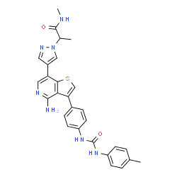 ChemSpider 2D Image | 2-{4-[4-Amino-3-(4-{[(4-methylphenyl)carbamoyl]amino}phenyl)thieno[3,2-c]pyridin-7-yl]-1H-pyrazol-1-yl}-N-methylpropanamide | C28H27N7O2S