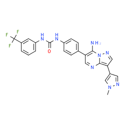 ChemSpider 2D Image | 1-{4-[7-Amino-3-(1-methyl-1H-pyrazol-4-yl)pyrazolo[1,5-a]pyrimidin-6-yl]phenyl}-3-[3-(trifluoromethyl)phenyl]urea | C24H19F3N8O